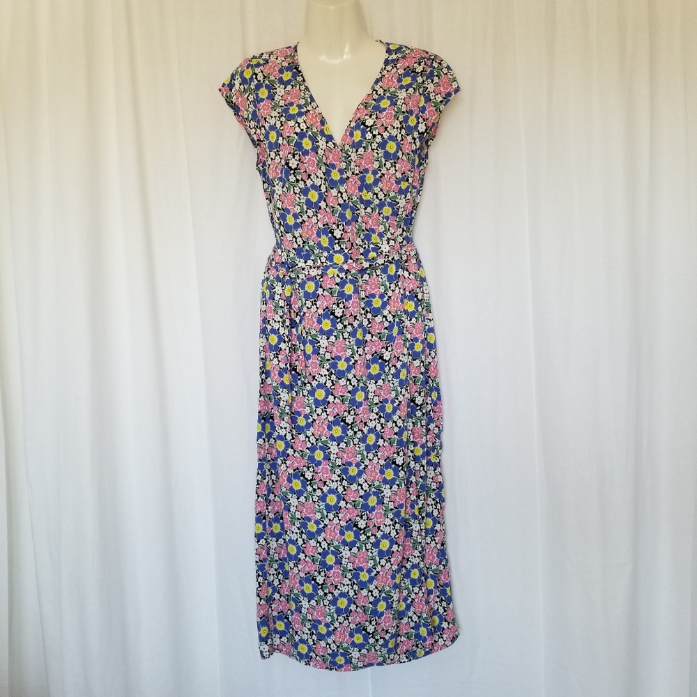 JCrew Women Dress Wrap Midi Floral Multicolor Short-Sleeve V-neck Tie XS L4133